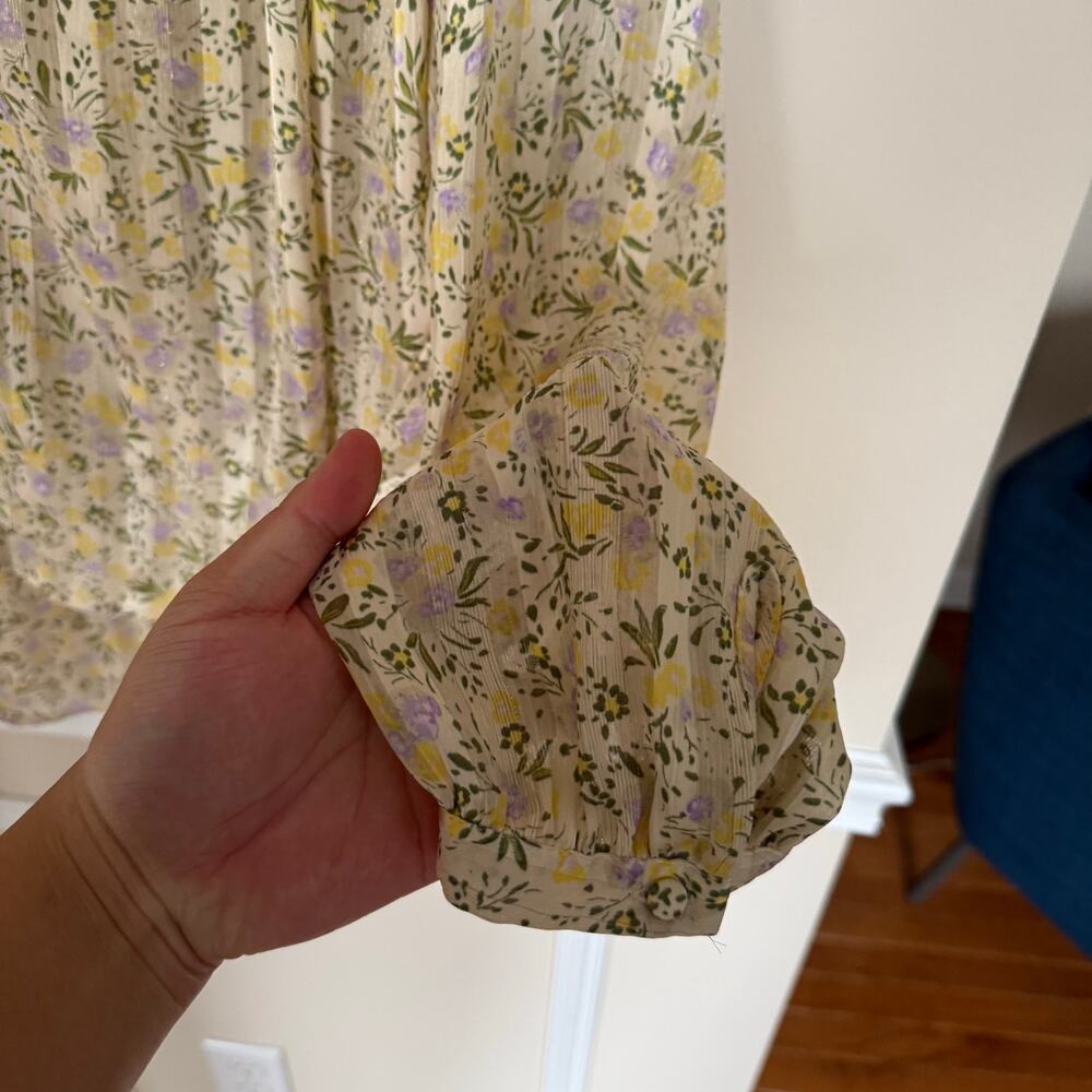 ZARA Preppy Summer Blouse Floral V-Neck Collared Balloon Sleeve Pleated Top - Picture 9 of 15